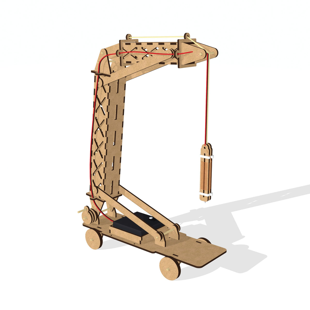 Front view of the electromagnetic crane kit, showing the boom, the winch line and the copper-wound electromagnet