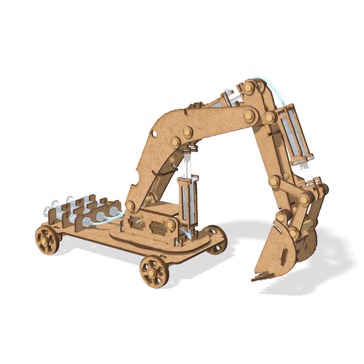 Three-quarter view of the finished hydraulic arm model on its wheeled chassis