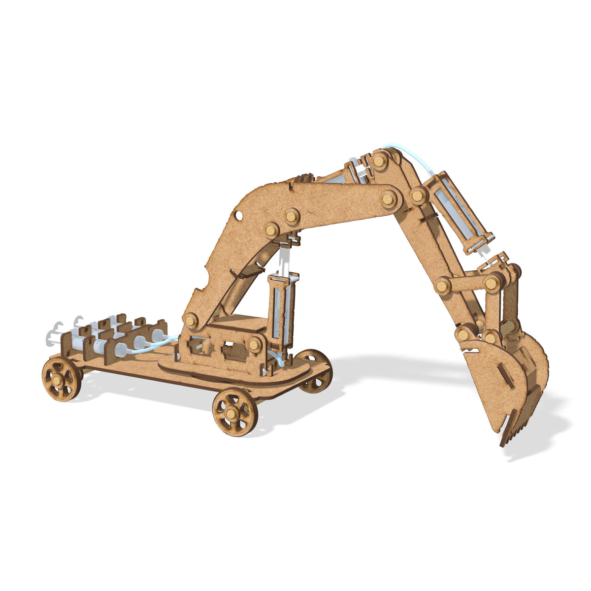 Hydraulic arm school project kit for Grade 9, fully built: a laser-cut MDF excavator on four wheels with a syringe-driven boom, stick and bucket