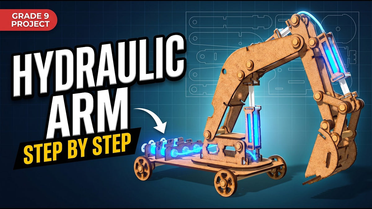 A laser-cut MDF hydraulic arm model with its boom, stick and bucket, driven by water-filled syringes