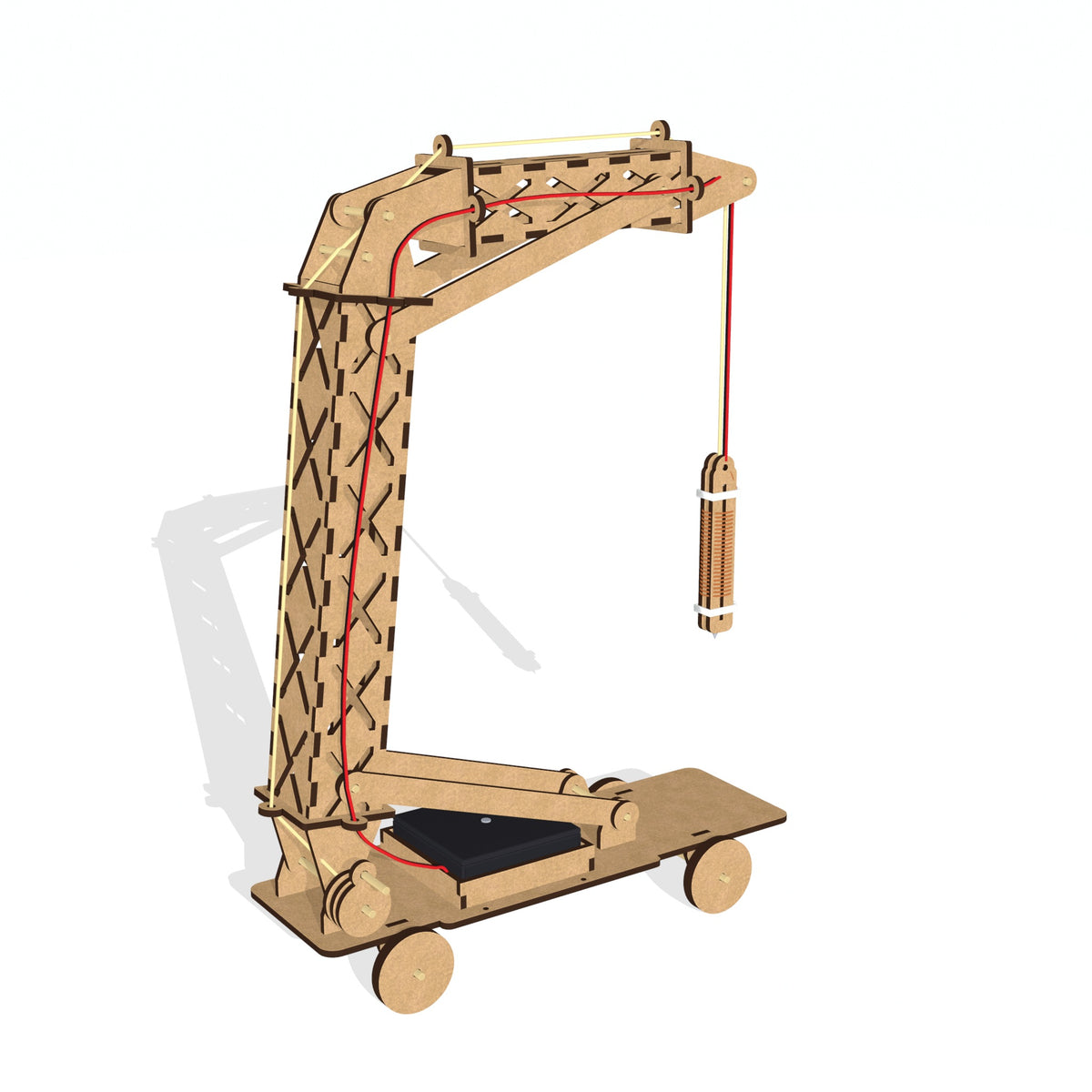 Electromagnetic crane school project kit for Grade 7, fully built: a laser-cut MDF mobile crane with a lattice boom, a winch and a hanging electromagnet