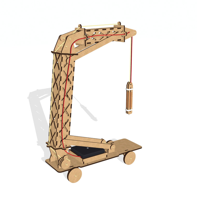 Electromagnetic crane school project kit for Grade 7, fully built: a laser-cut MDF mobile crane with a lattice boom, a winch and a hanging electromagnet