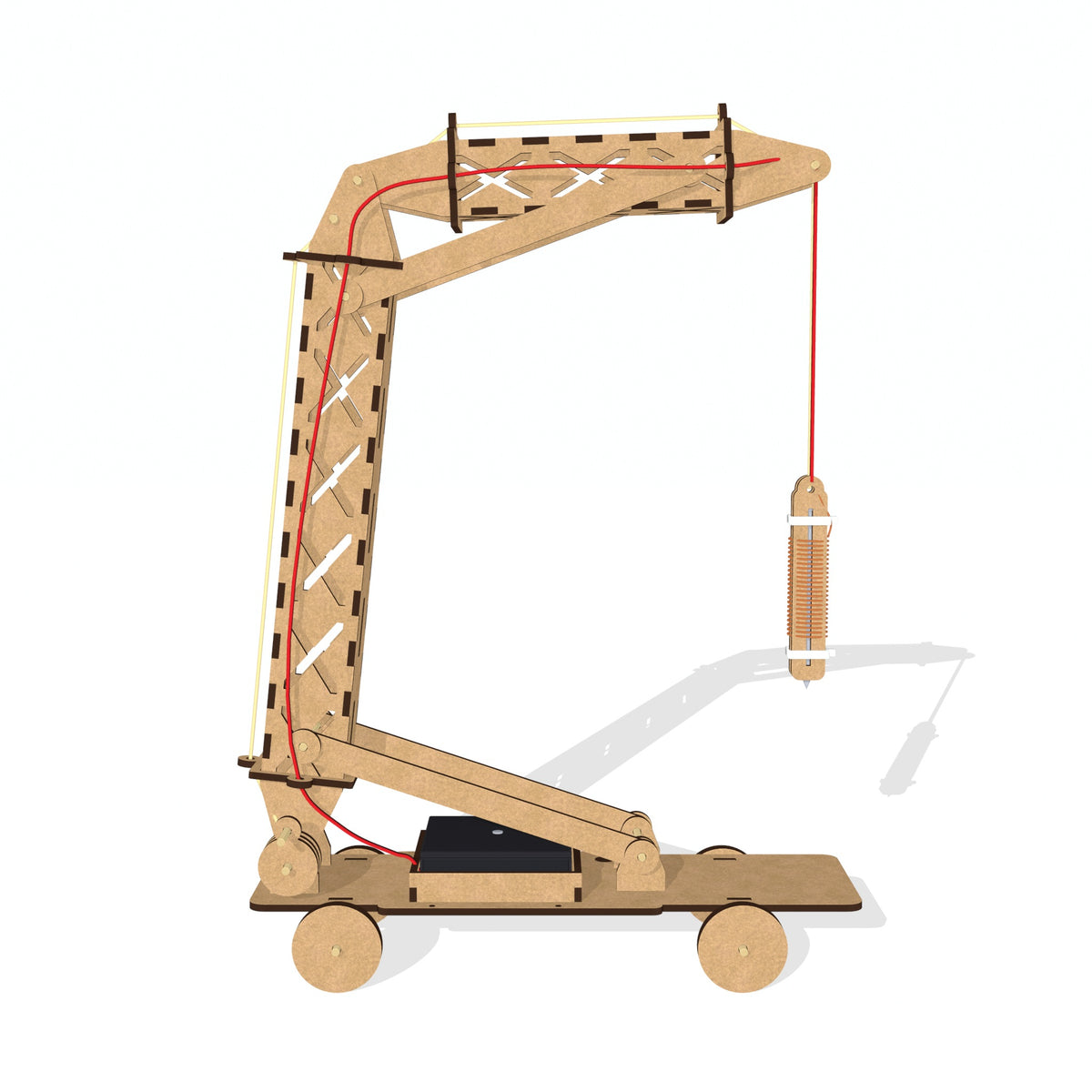 Side view of the built electromagnetic crane: wheeled chassis, battery pack, and the lattice boom with the magnet hanging on its twine