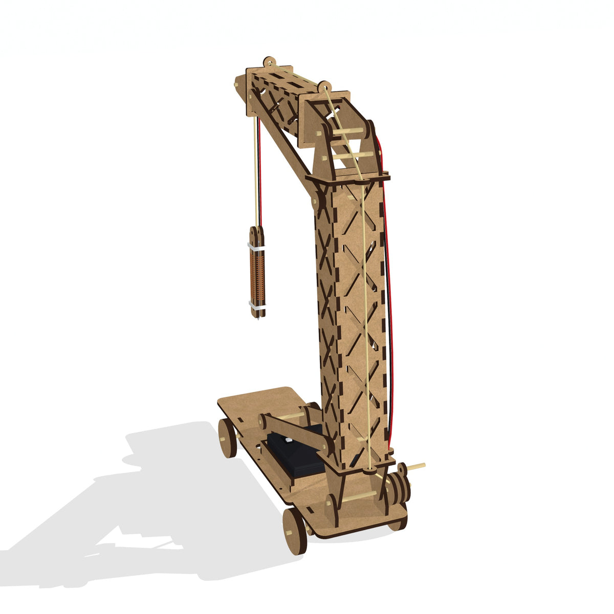 Back view of the electromagnetic crane kit, with its counterweight arm and wheels