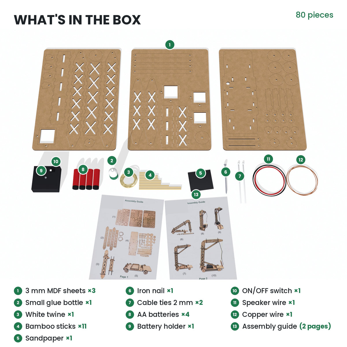 What is in the box: 80 pieces, including three 3 mm MDF sheets, a glue bottle, twine, 11 bamboo sticks, sandpaper, an iron nail, cable ties, four AA batteries, a battery holder, an ON/OFF switch, speaker and copper wire, and a two-page assembly guide