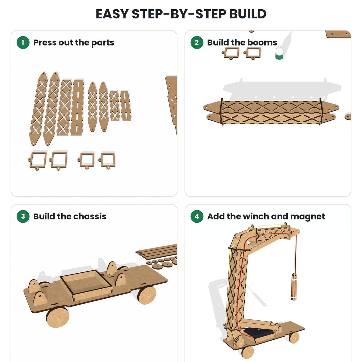 The four build steps: press out the parts, build the booms, build the chassis, then add the winch and the magnet