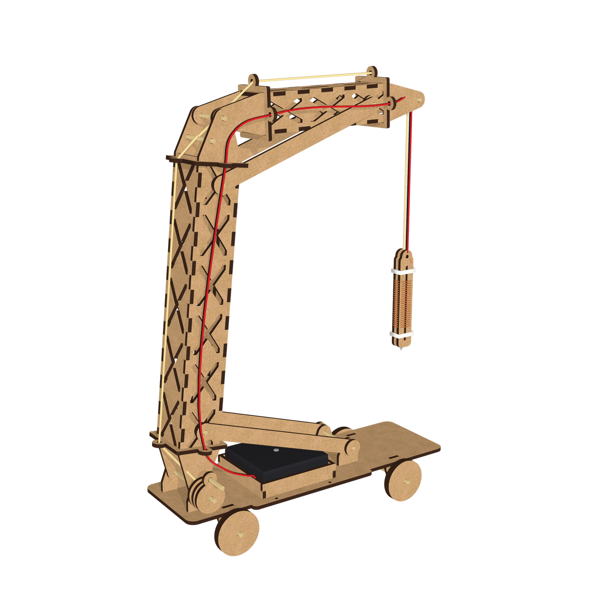 The finished electromagnetic crane school project kit, cut out on a dark ground