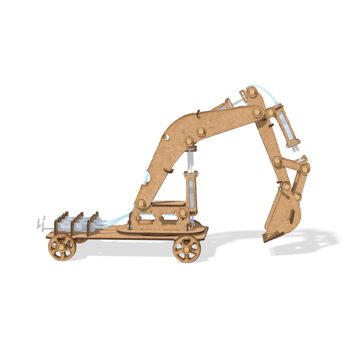 Side view of the finished hydraulic arm model, showing the full reach of the boom and stick