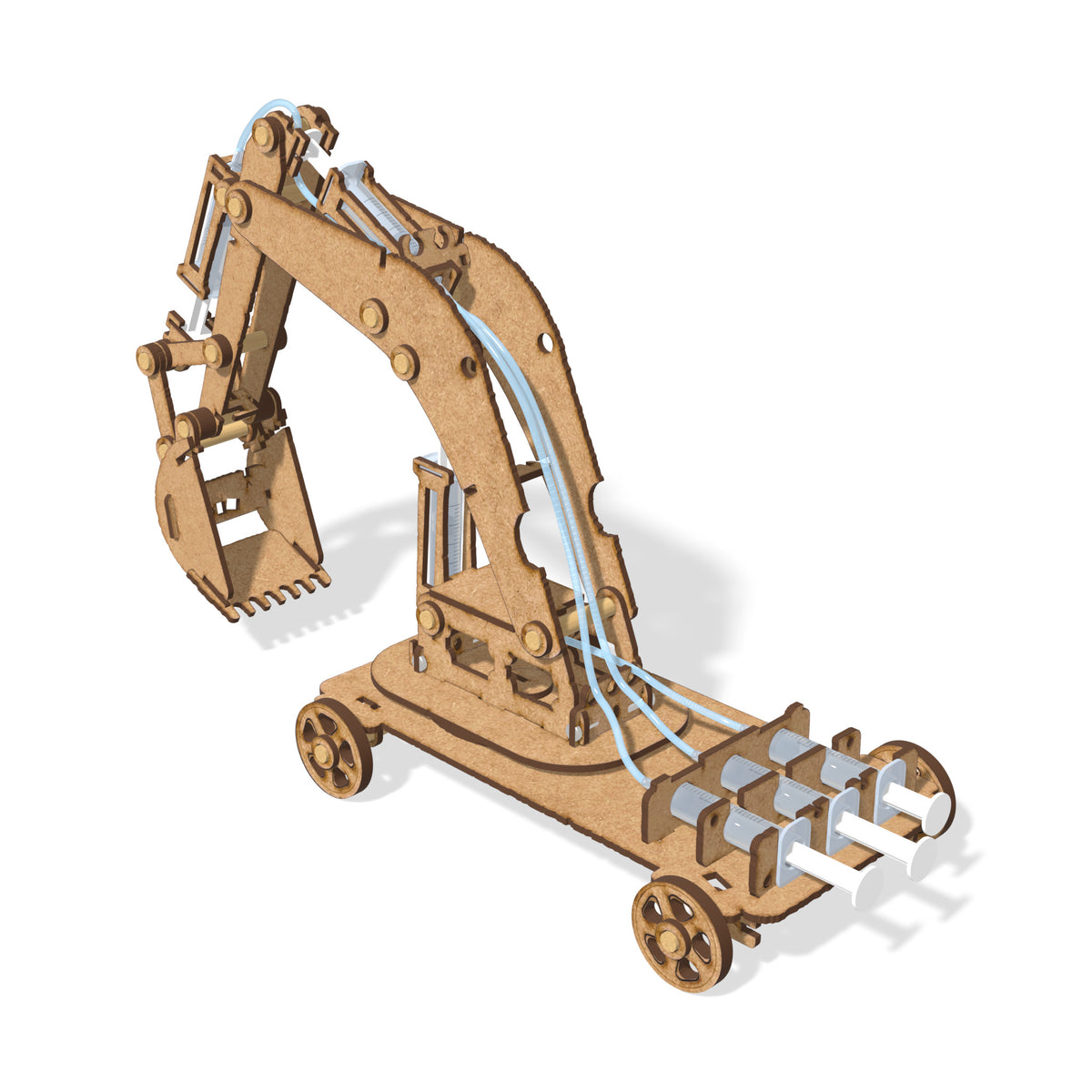 The hydraulic arm with the boom raised and the bucket curled, seen from above at an angle