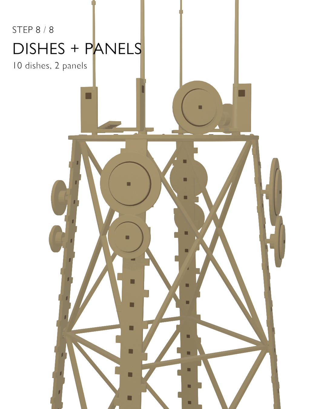 Step 8 of 8 in the cell phone tower's 3D build animation: adding the 10 dishes and 2 panels
