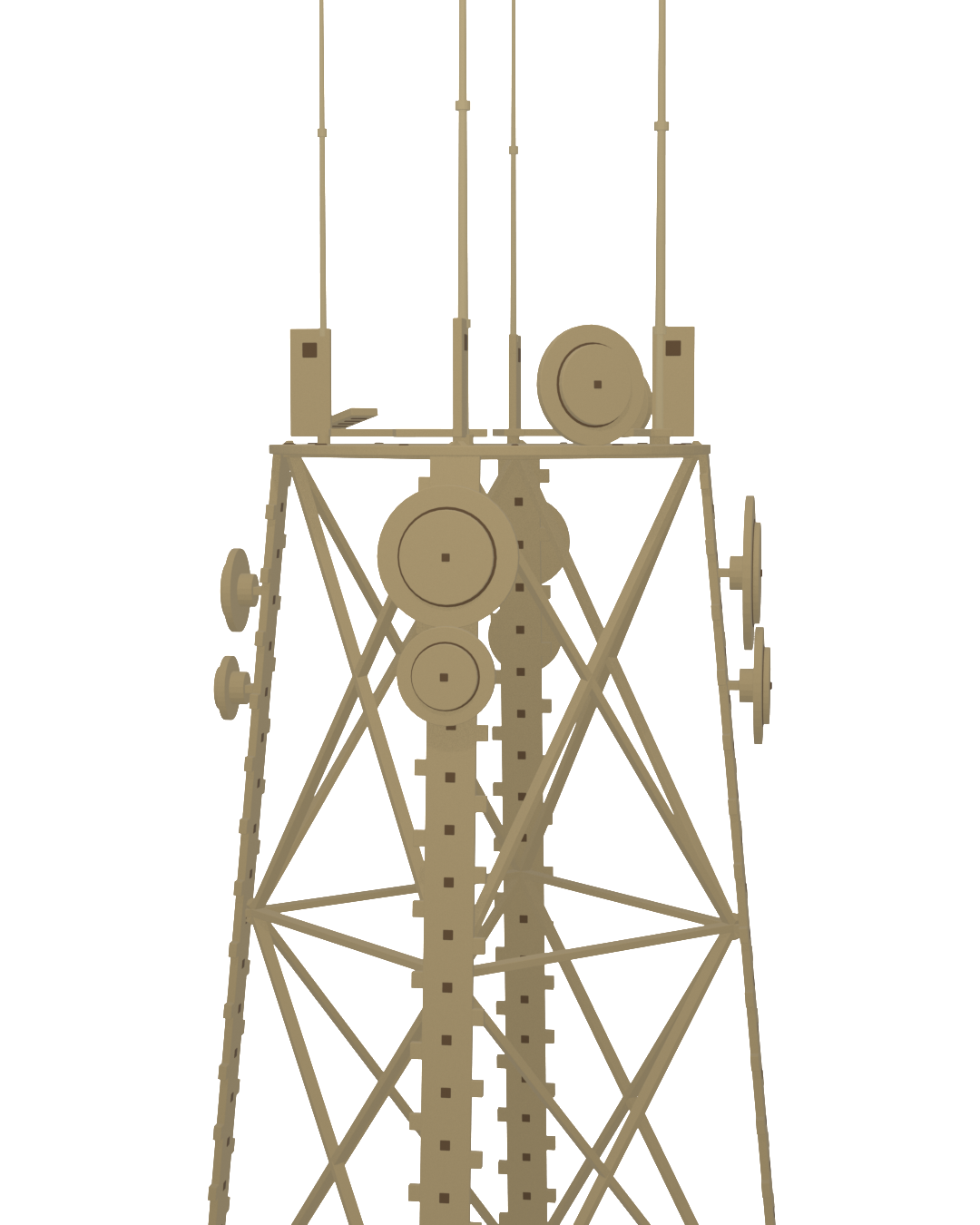 Close-up of the tower top from the kit's 3D build animation: wooden dishes and panels on the legs, mast and platform