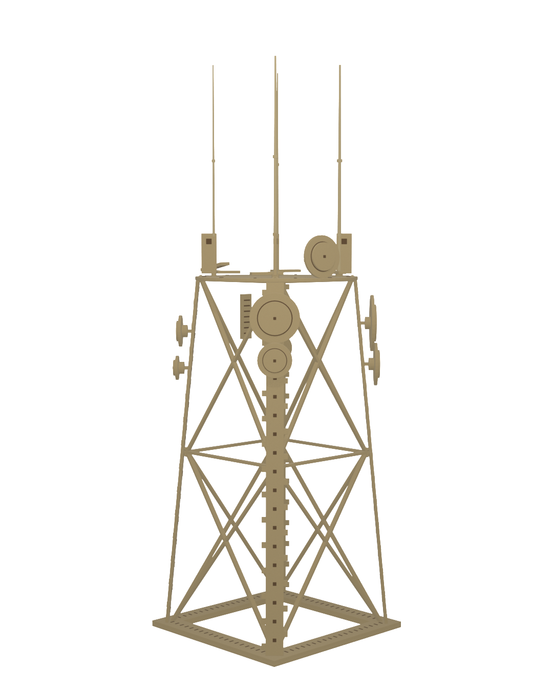 Front view of the finished cell phone tower model: square base, four cross-braced legs, round platform and four antenna masts